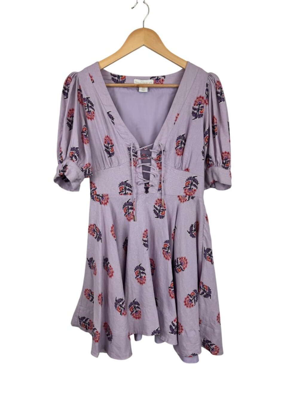 House Of Harlow 1960 Purple Floral Linen Blend Mini Dress Puff Sleeve Size 4
